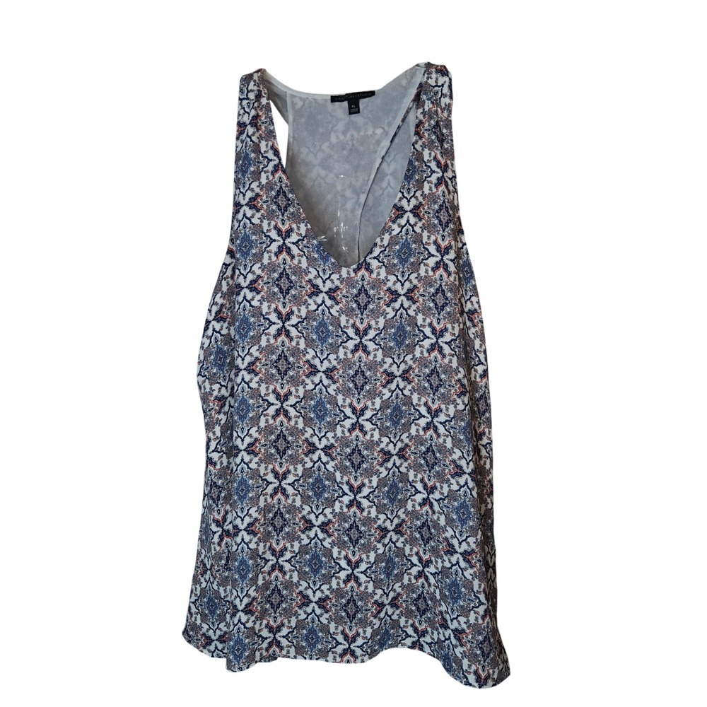 Signature Studio Tank Top Women XL Blue Medallion Print V-Neck Blouse Sleeveless